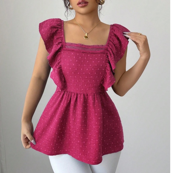 Boho Swiss Dot Ruffle Sleeve Babydoll Blouse - Picture 4 of 6